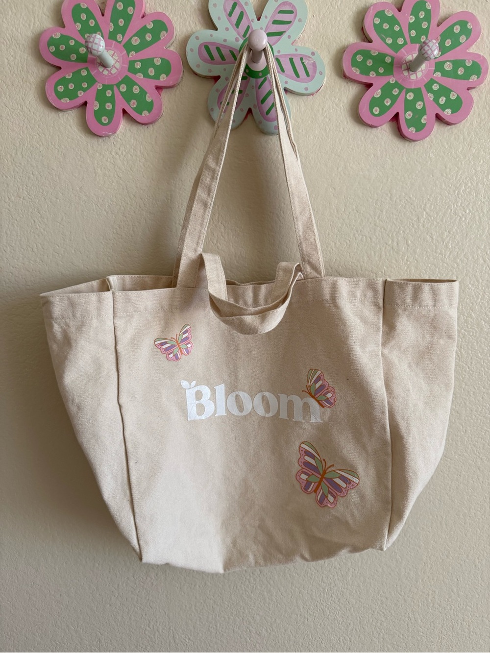 Bloom Canvas Tote Bag with Butterfly Print - Cream